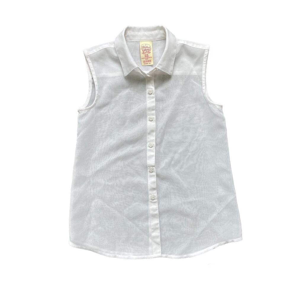 Girls S 6-6X Faded Glory White Sleeveless Sheer Button Down Blouse Top